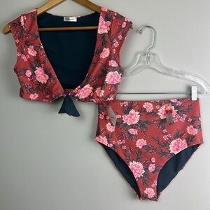NEW Marina West Reversible Floral Cap Sleeve Bikini Top High Waist Bottom Swim